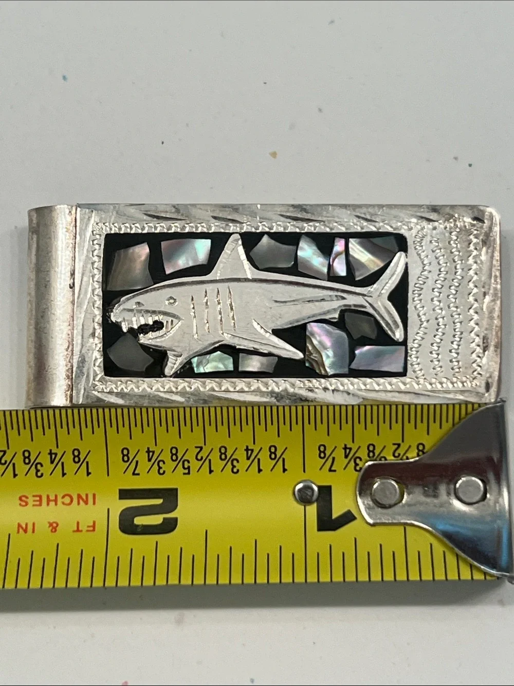 Vintage Alpaca Silver Shark & Abalone Inlay Money/Card Clip (1995)